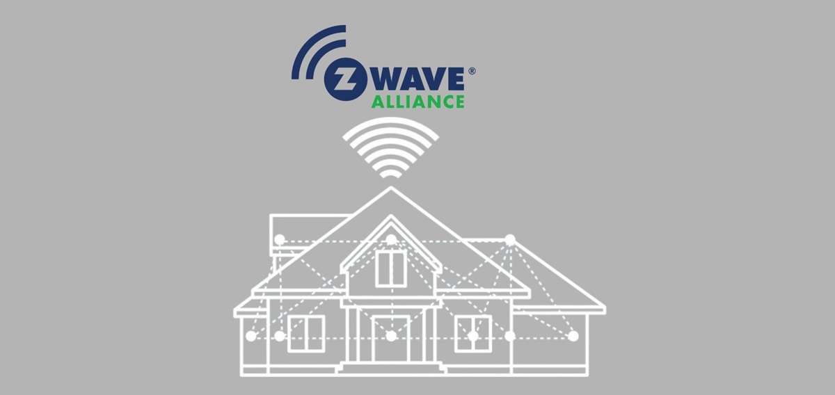 Z-Wave Alliance logo above a smart home blueprint with dotted mesh nodes and a wireless signal icon, illustrating Z-Wave mesh networking for reliable home automation.