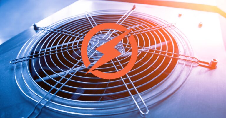 Close-up of an HVAC condenser fan with an orange energy lightning icon, representing HVAC-led energy management and home electrification.