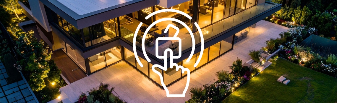 Modern home exterior at dusk with landscape lighting and a touch-control icon overlay, illustrating Z-Wave smart home scenes and one-tap automation.
