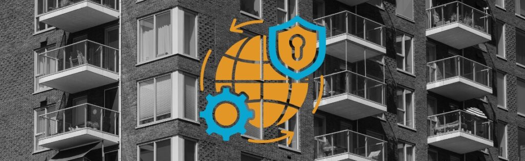 Modern apartment building with balconies, overlaid globe, lock-shield, and gear icons—representing secure, interoperable smart access control and operations for multifamily housing.