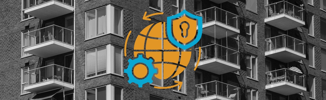 Modern apartment building with balconies, overlaid globe, lock-shield, and gear icons—representing secure, interoperable smart access control and operations for multifamily housing.
