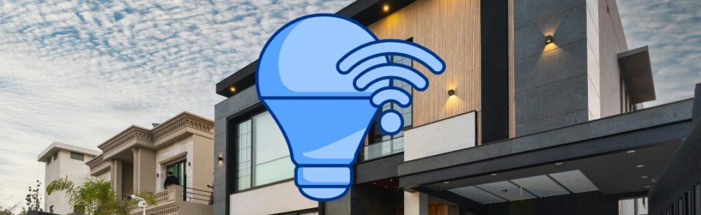 Modern home exterior with illuminated sconces and a smart bulb + wireless signal icon, representing connected outdoor lighting control (e.g., Z-Wave).