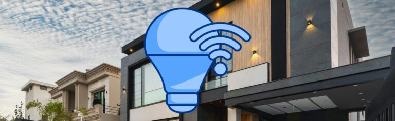 Modern home exterior with illuminated sconces and a smart bulb + wireless signal icon, representing connected outdoor lighting control (e.g., Z-Wave).