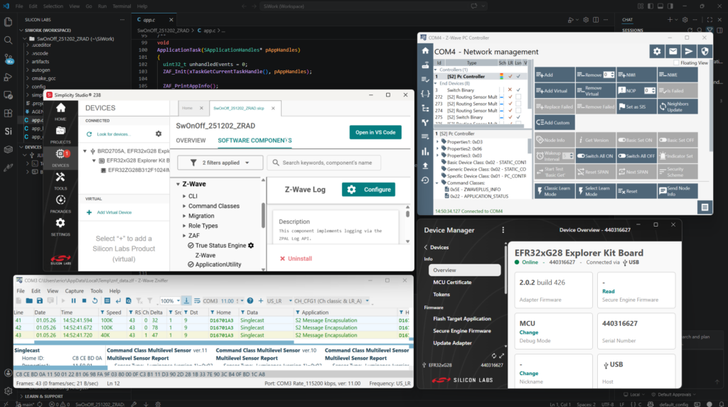 Silicon Labs Z-Wave development tools including Simplicity Studio 6, Visual Studio Code, PC Controller, Zniffer, and Device Manager.