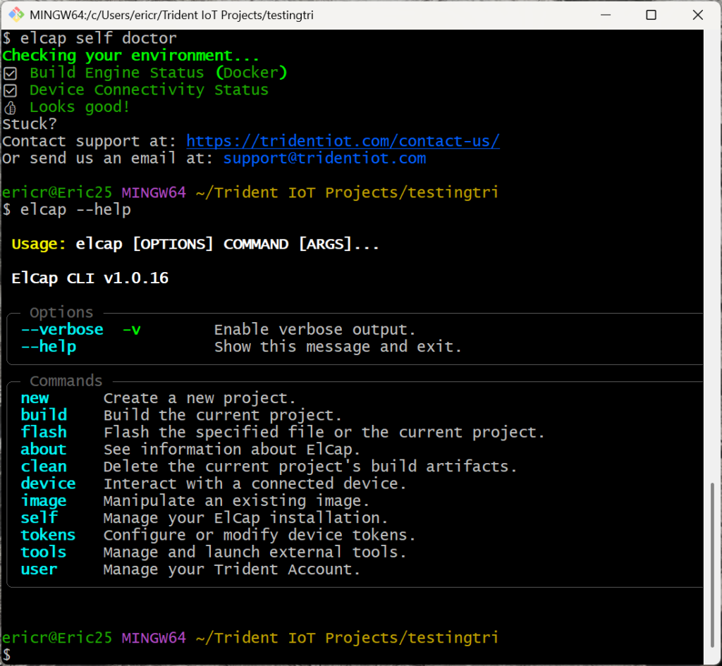 Trident IoT Elcap command line interface showing self doctor checks and available Z-Wave firmware development commands.