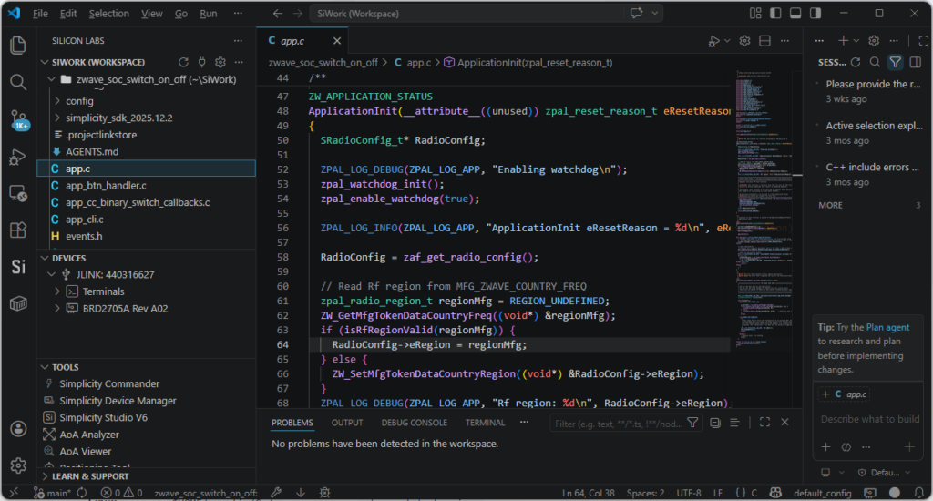 Z-Wave firmware project open in Visual Studio Code with Silicon Labs extension and embedded C source code.