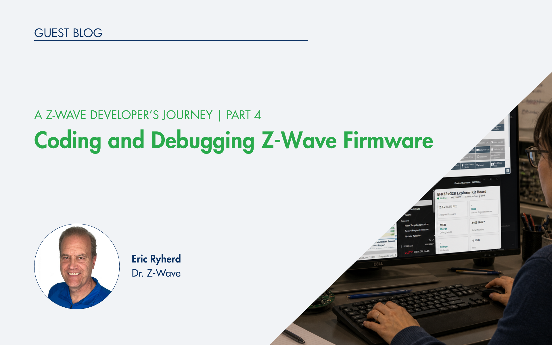 Engineer developing and debugging Z-Wave firmware using Visual Studio Code, Silicon Labs tools, and embedded development hardware.