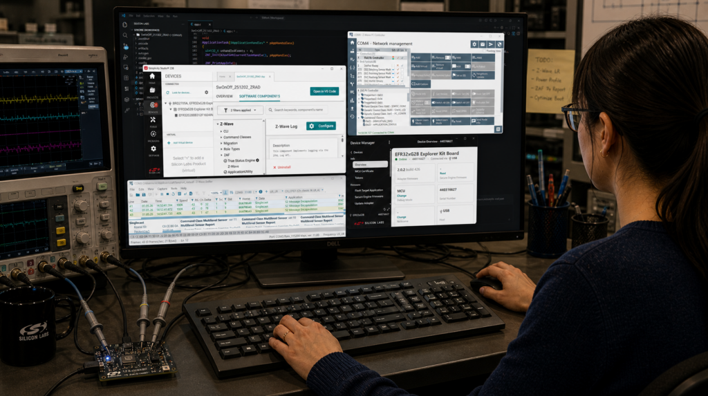 Engineer developing and debugging Z-Wave firmware using Visual Studio Code, Silicon Labs tools, and embedded development hardware.