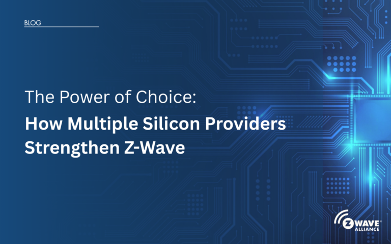 Illustration showing Silicon Labs, Trident IoT, and Semtech strengthening the member-driven Z-Wave ecosystem through Z-Wave Mesh and Z-Wave Long Range.