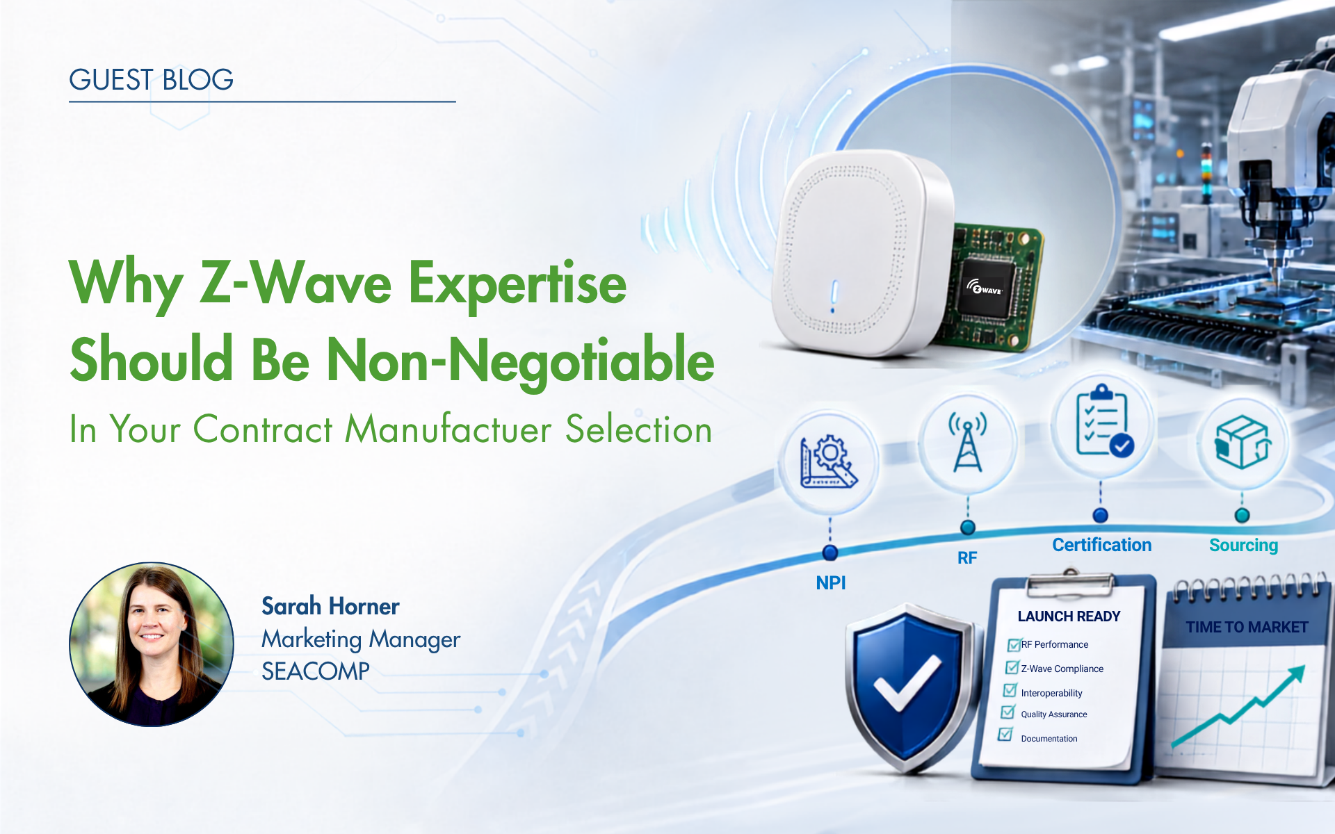 Z-Wave device manufacturing process showing NPI, RF engineering, certification, sourcing, and time to market